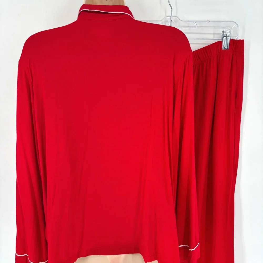 Victoria's Secret Red Modal Pajama Set Long Sleeve Button Top Crop Pants Sz L